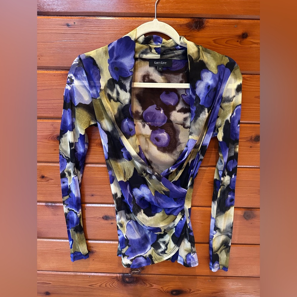 Karen Kane Blue and Gold Floral Wrap Top